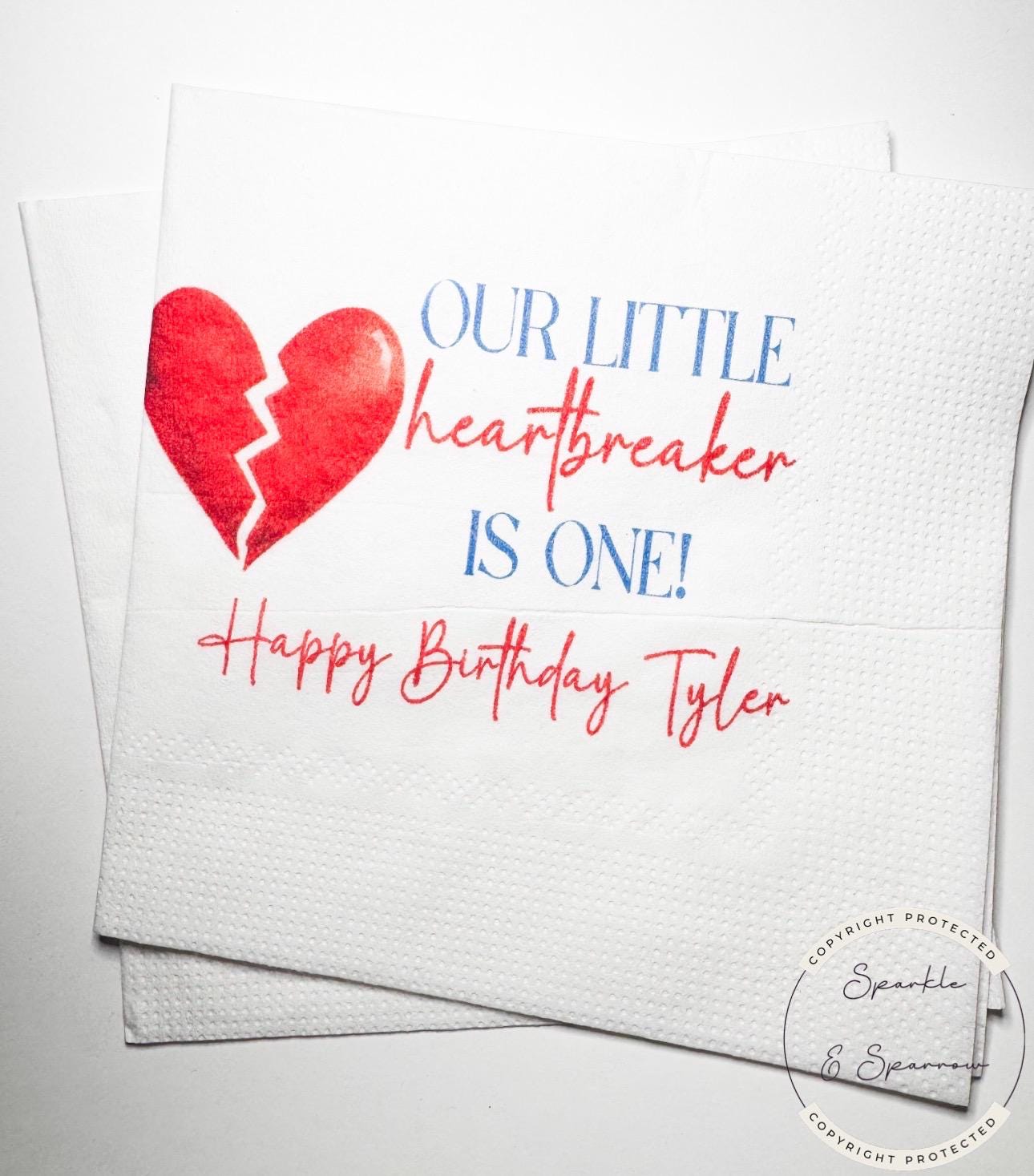 Our Little Heartbreaker is One 1st Birthday Party Valentines First Birthday Personalized Cocktail, Luncheon or Dinner Napkins Set of 25