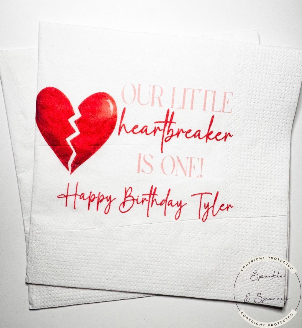 Our Little Heartbreaker is One 1st Birthday Party Valentines First Birthday Personalized Cocktail, Luncheon or Dinner Napkins Set of 25