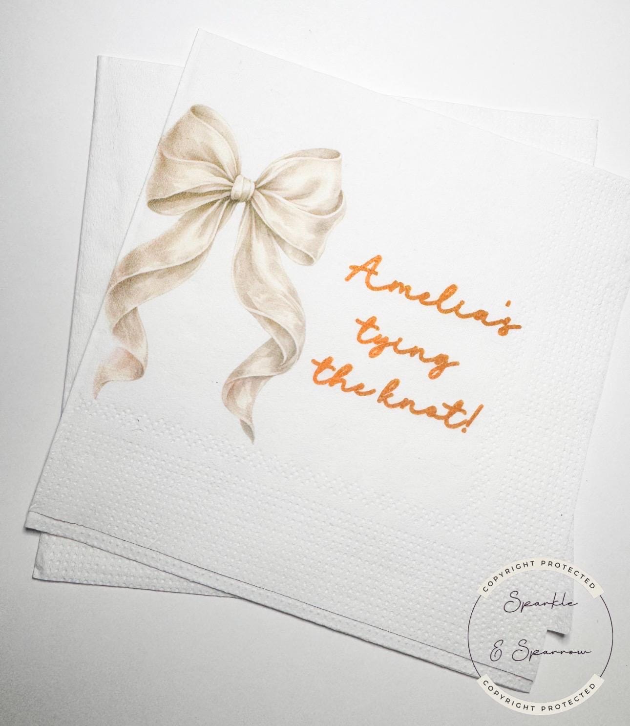 She's Tying the Knot White Bow Bridal Shower Personalized Bridal Napkins White Bow Wedding Cocktail, Luncheon or Dinner Napkins Set of 25