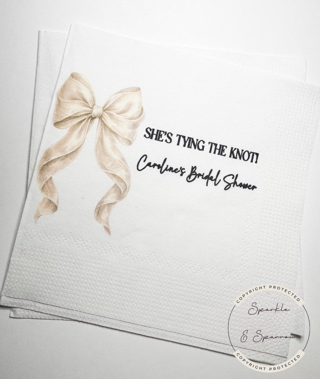 She's Tying the Knot White Bow Bridal Shower Personalized Bridal Napkins White Bow Wedding Cocktail, Luncheon or Dinner Napkins Set of 25