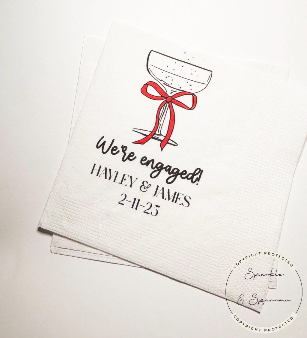 We're Engaged Valentine Engagement Party Champagne Red Bow Love is in the Air Personalized Cocktail, Luncheon or Dinner Napkins Set of 25