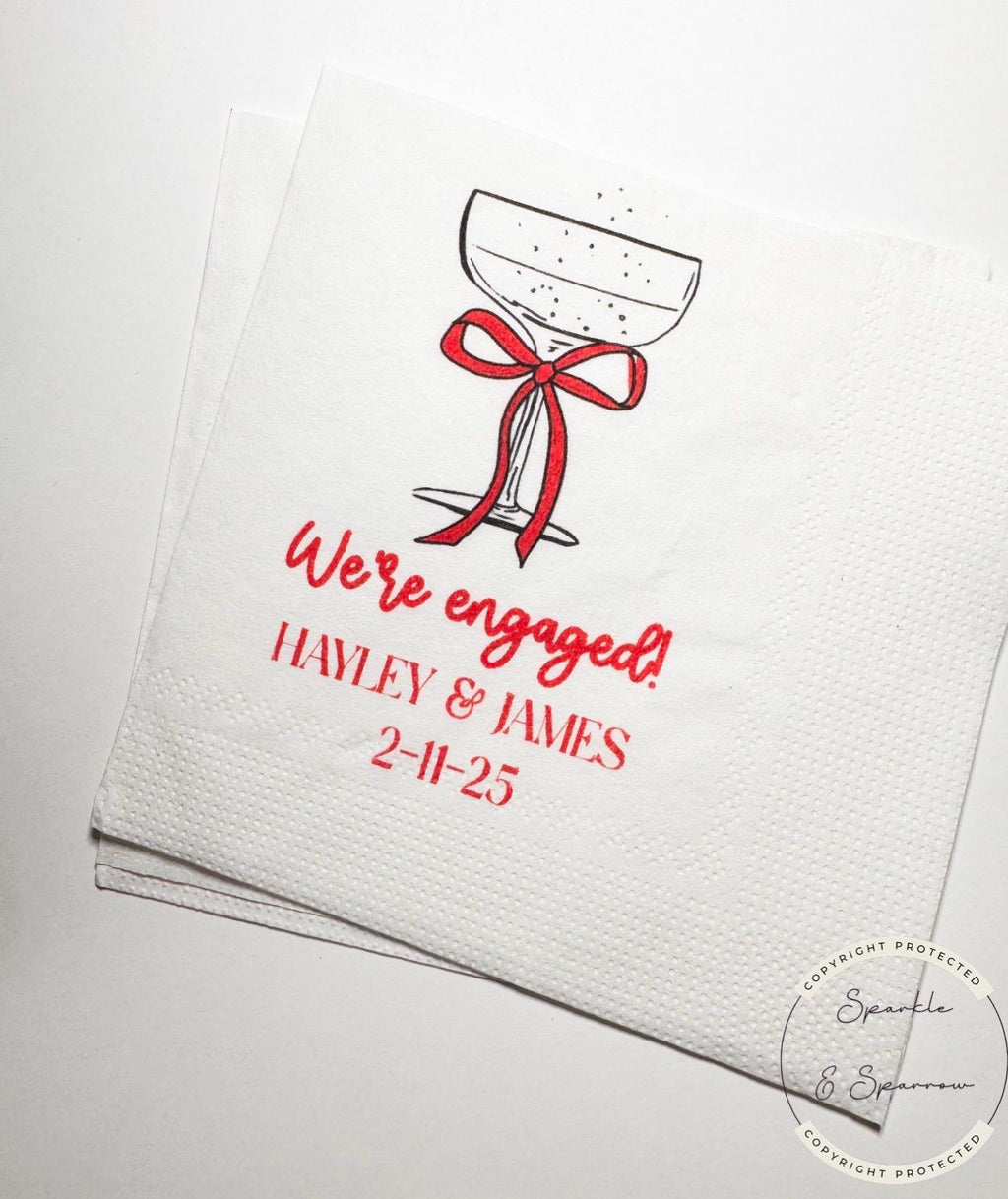 We're Engaged Valentine Engagement Party Champagne Red Bow Love is in the Air Personalized Cocktail, Luncheon or Dinner Napkins Set of 25