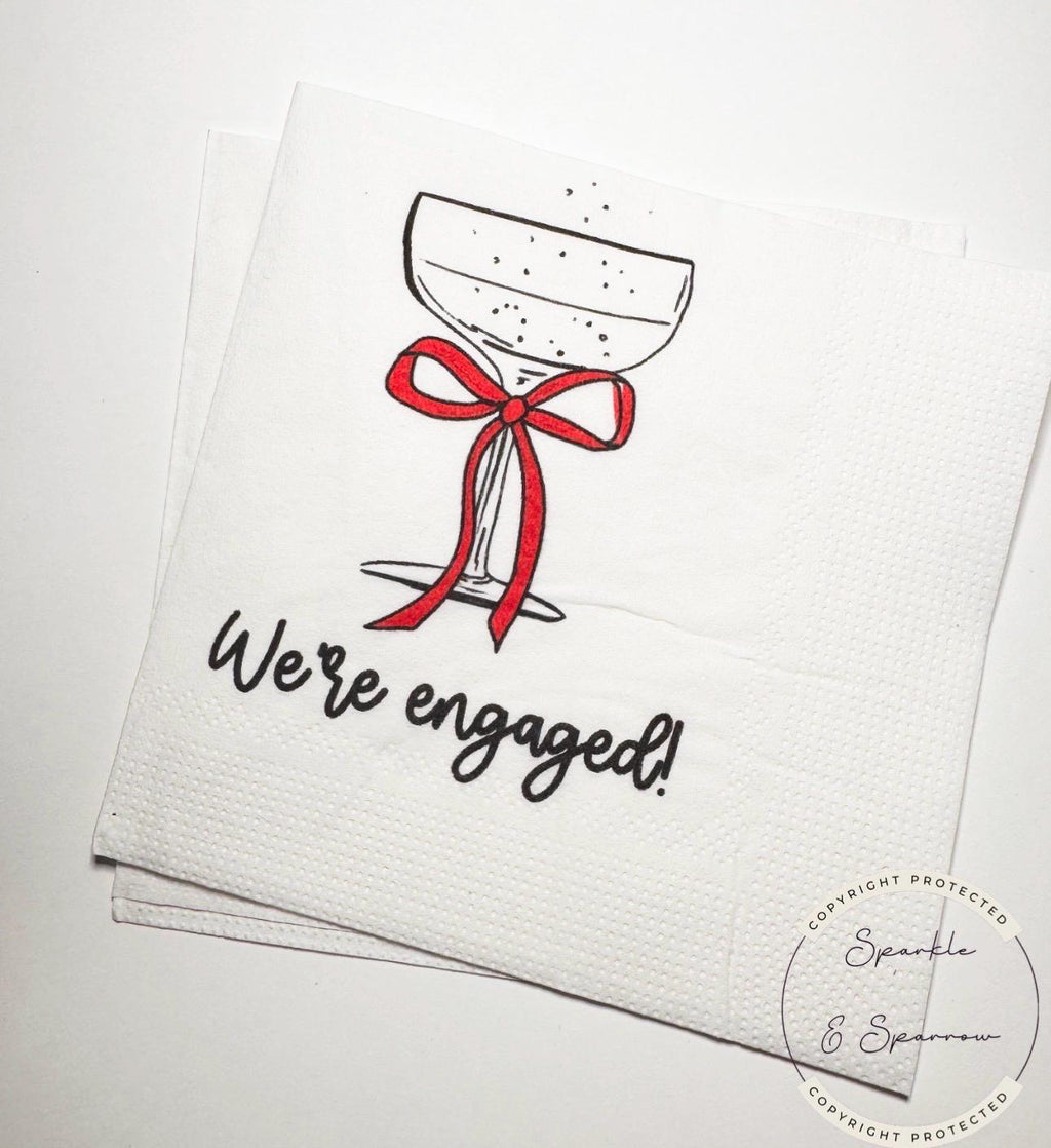 We're Engaged Valentine Engagement Party Napkins Champagne Red Bow Love is in the Air Cocktail, Luncheon or Dinner Napkins Set of 25