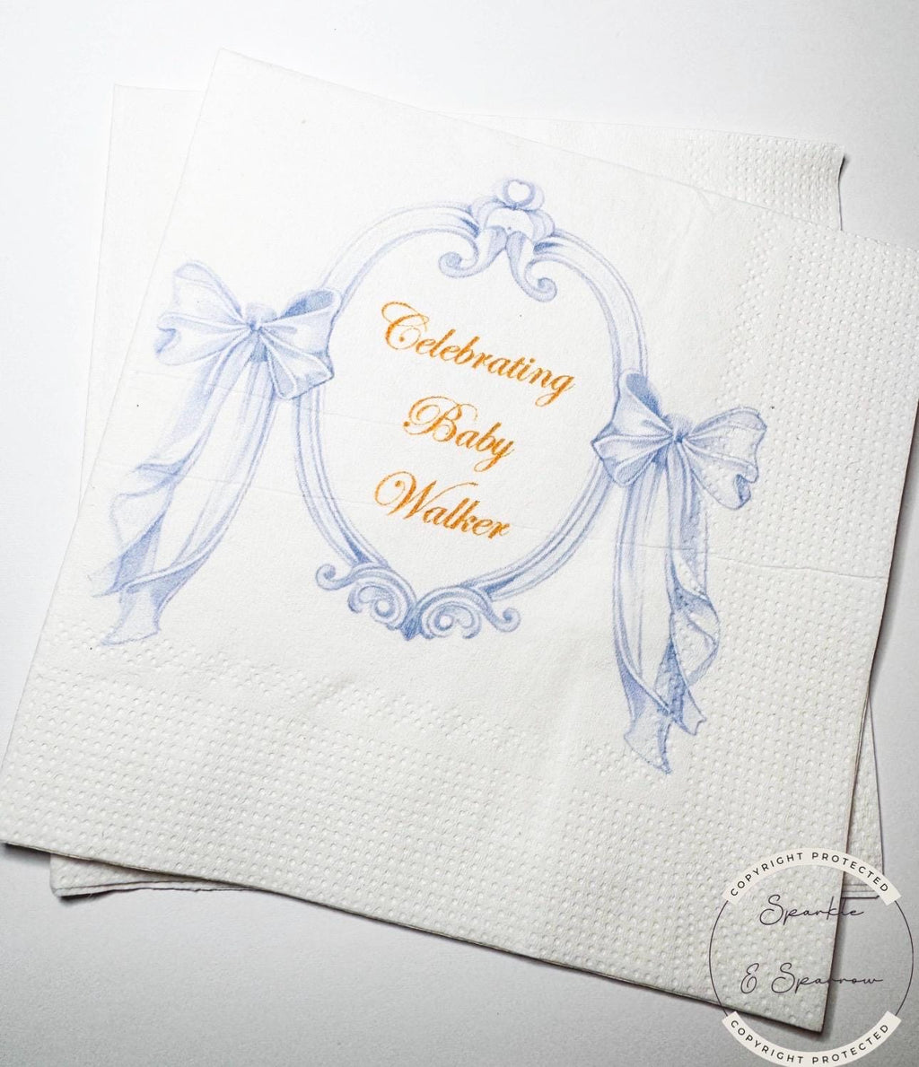 Blue Bow Baby Shower Napkins Classic Preppy Blue Baby Shower Spring Baby It’s a Boy Blue Boy Baby Shower Table Decor Personalized Napkins