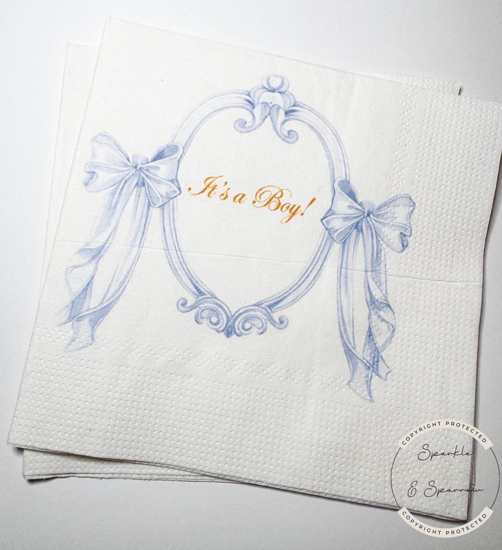 Blue Bow Baby Shower It’s a Boy Blue Boy Baby Shower Napkins Preppy Chic Baby Cocktail, Luncheon or Dinner Napkins Set of 25