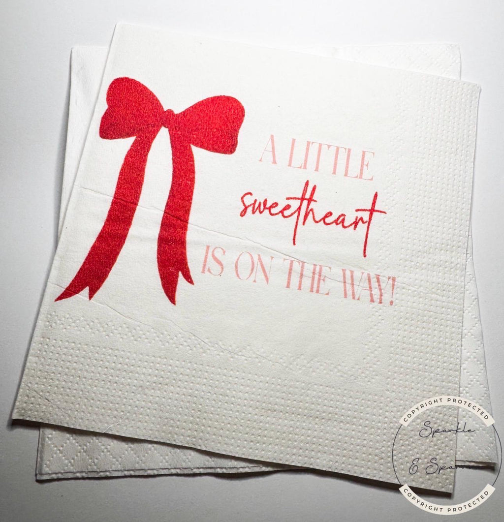 A Little Sweetheart is on The Way Baby Shower Heart Red Bow Valentines Red Bow Baby Shower Cocktail, Luncheon or Dinner Napkins Set of 25