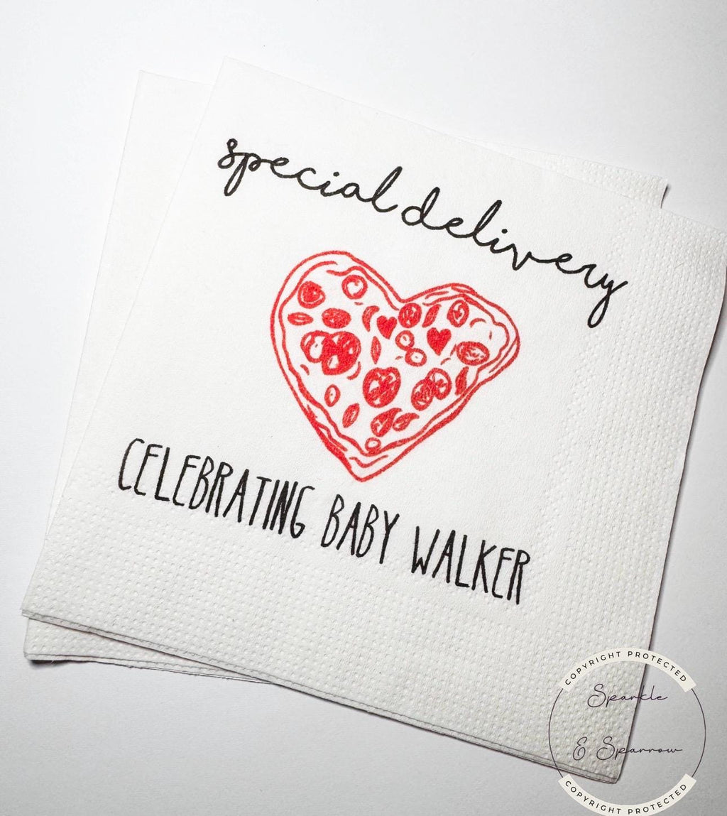 Special Delivery Slice Slice Baby Ciao Baby Red Pizza Baby Shower Red Bow Personalized Baby Cocktail, Luncheon or Dinner Napkins Set of 25