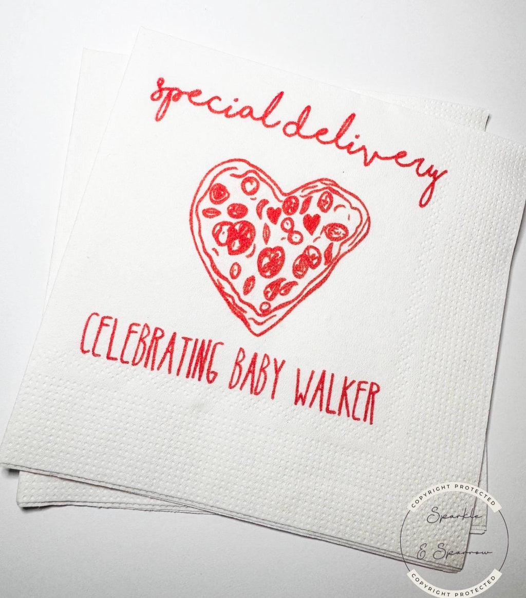Special Delivery Slice Slice Baby Ciao Baby Red Pizza Baby Shower Red Bow Personalized Baby Cocktail, Luncheon or Dinner Napkins Set of 25
