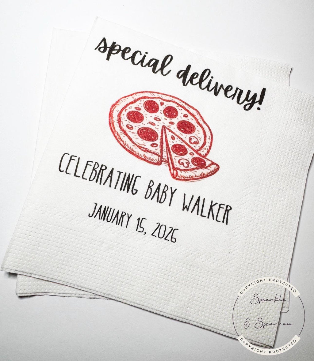 Special Delivery Slice Slice Baby Ciao Baby Red Pizza Baby Shower Red Bow Personalized Baby Cocktail, Luncheon or Dinner Napkins Set of 25