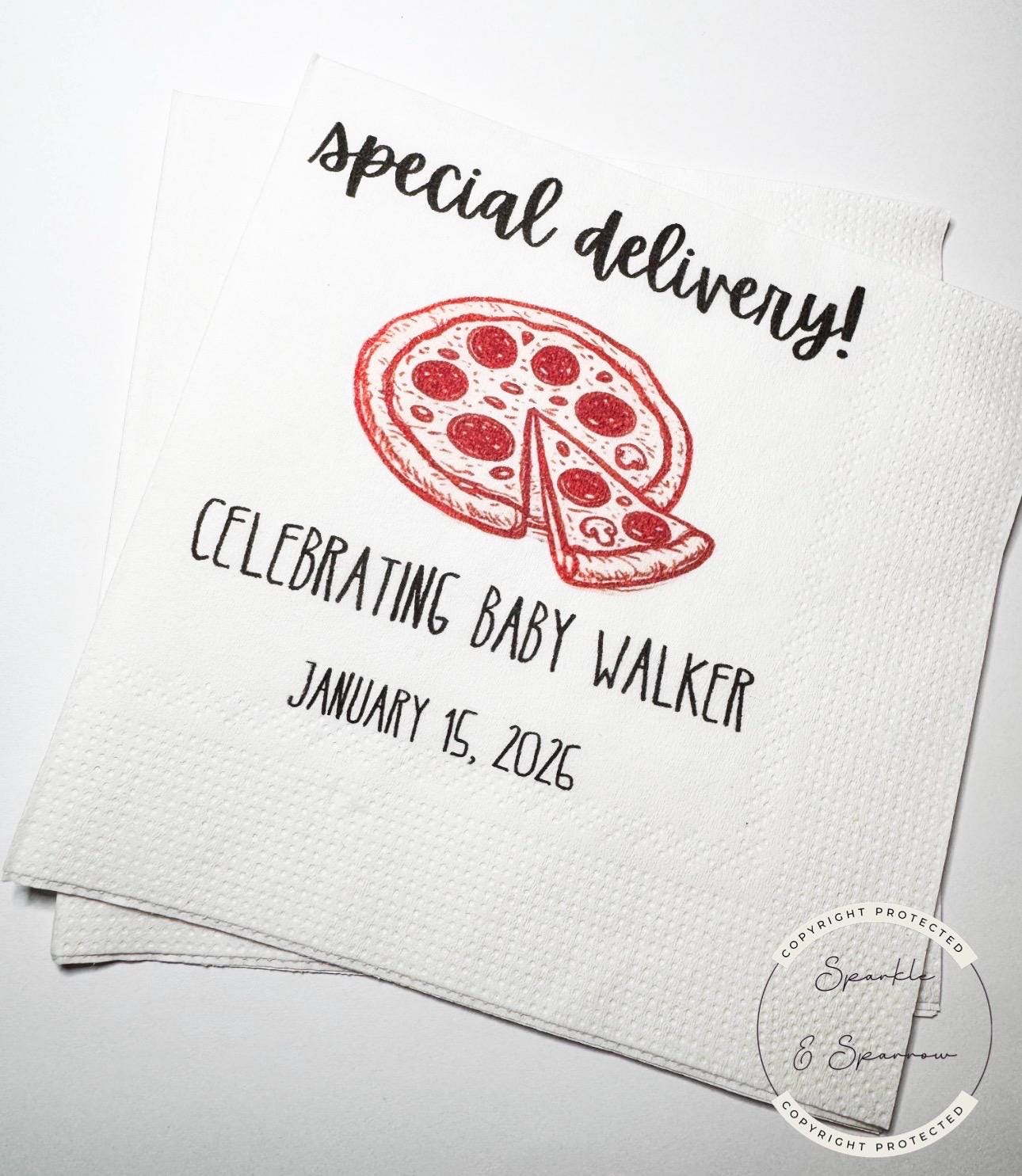 Special Delivery Slice Slice Baby Ciao Baby Red Pizza Baby Shower Red Bow Personalized Baby Cocktail, Luncheon or Dinner Napkins Set of 25