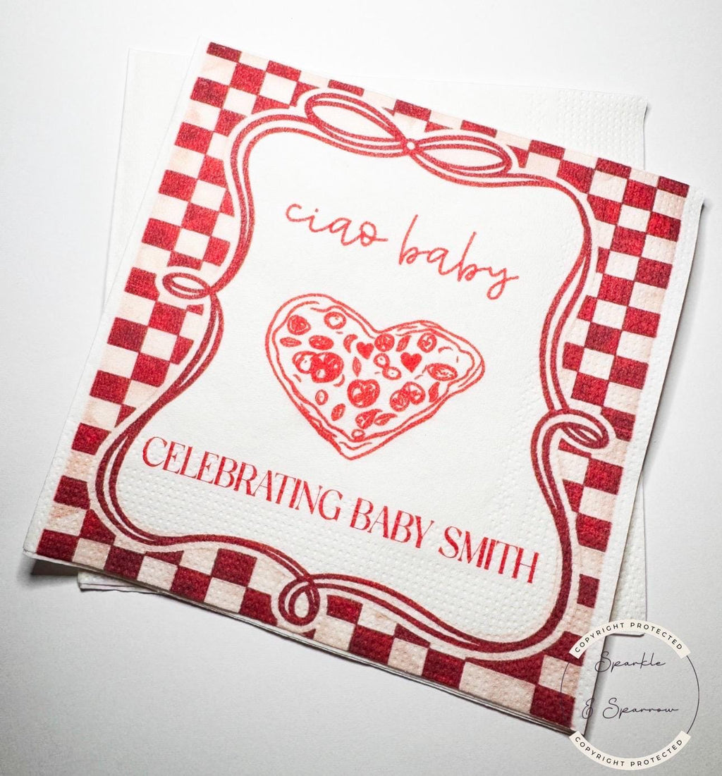 Ciao Baby Red Pizza Baby Shower Ciao Bambino Slice Slice Baby Shower Italian Personalized Cocktail, Luncheon or Dinner Napkins Set of 25
