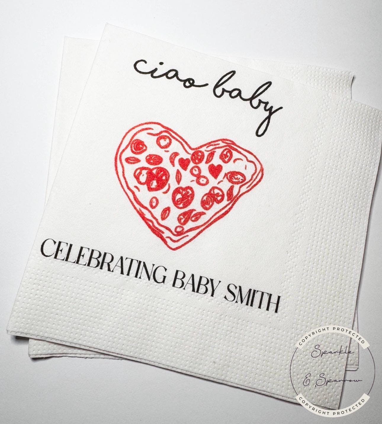 Ciao Baby Red Pizza Baby Shower Ciao Bambino Slice Slice Baby Shower Italian Personalized Cocktail, Luncheon or Dinner Napkins Set of 25
