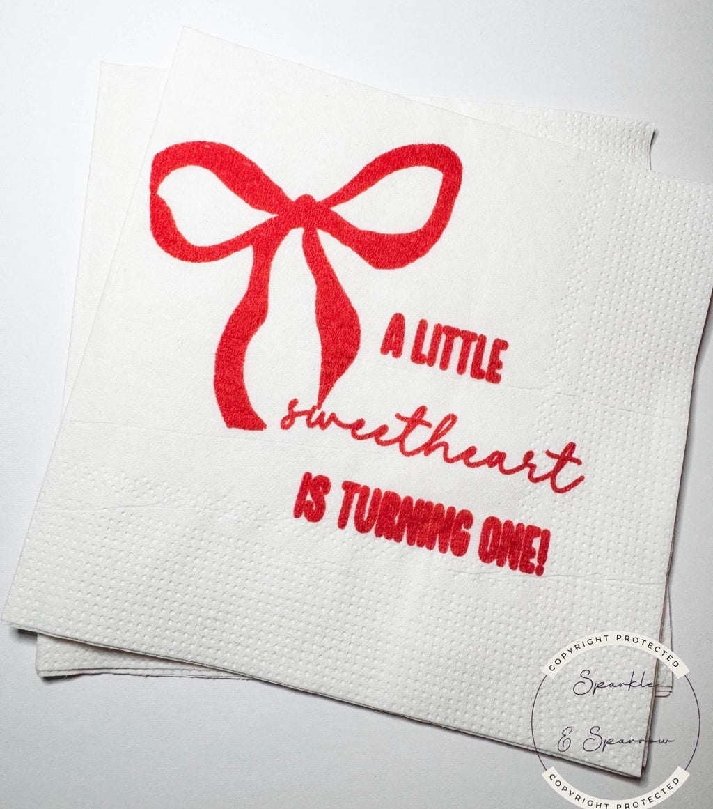 Our Little Sweetheart is One First Birthday Valentines 1st Birthday Pink Red Bow Party Cocktail, Luncheon or Dinner Napkins, Set of 25