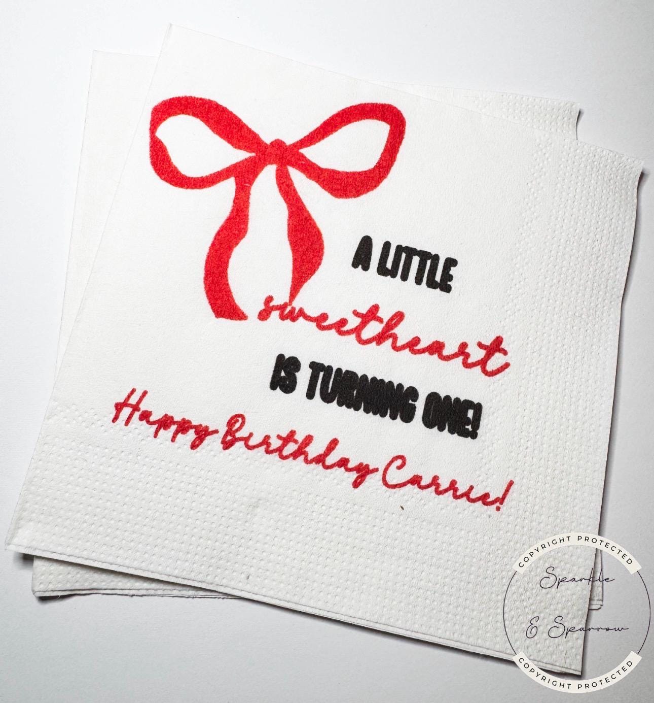 Our Little Sweetheart is One First Birthday Valentine 1st Birthday Pink Red Bow Personalized Cocktail, Luncheon or Dinner Napkins, Set of 25