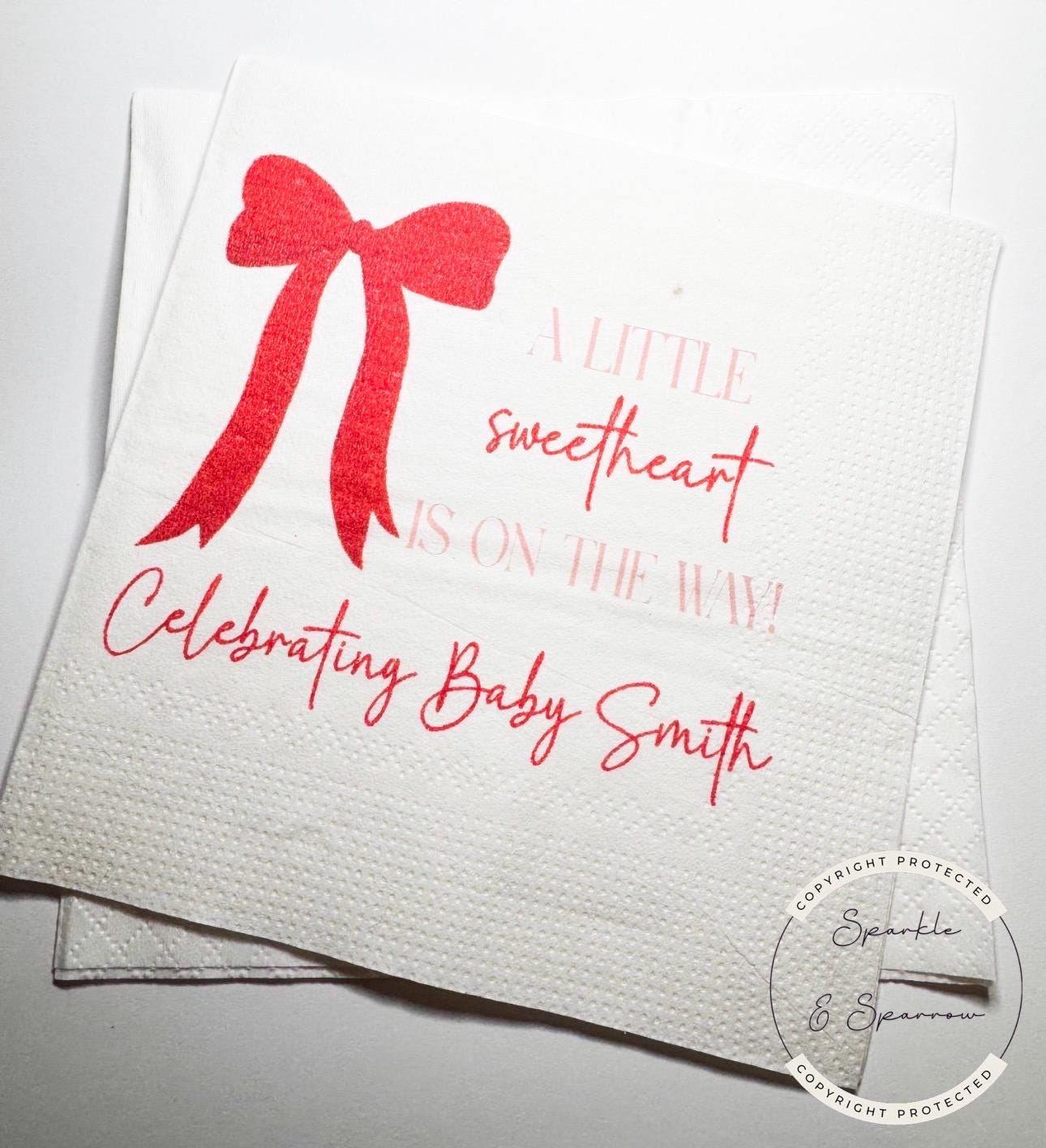 A Little Sweetheart is on The Way Baby Shower Heart Red Bow Valentines Red Bow Personalized Cocktail, Luncheon or Dinner Napkins Set of 25