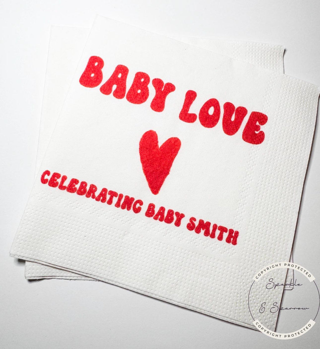 Baby Love A Little Sweetheart is on the Way Baby Shower Heart Valentines Red Personalized Cocktail, Luncheon or Dinner Napkins Set of 25