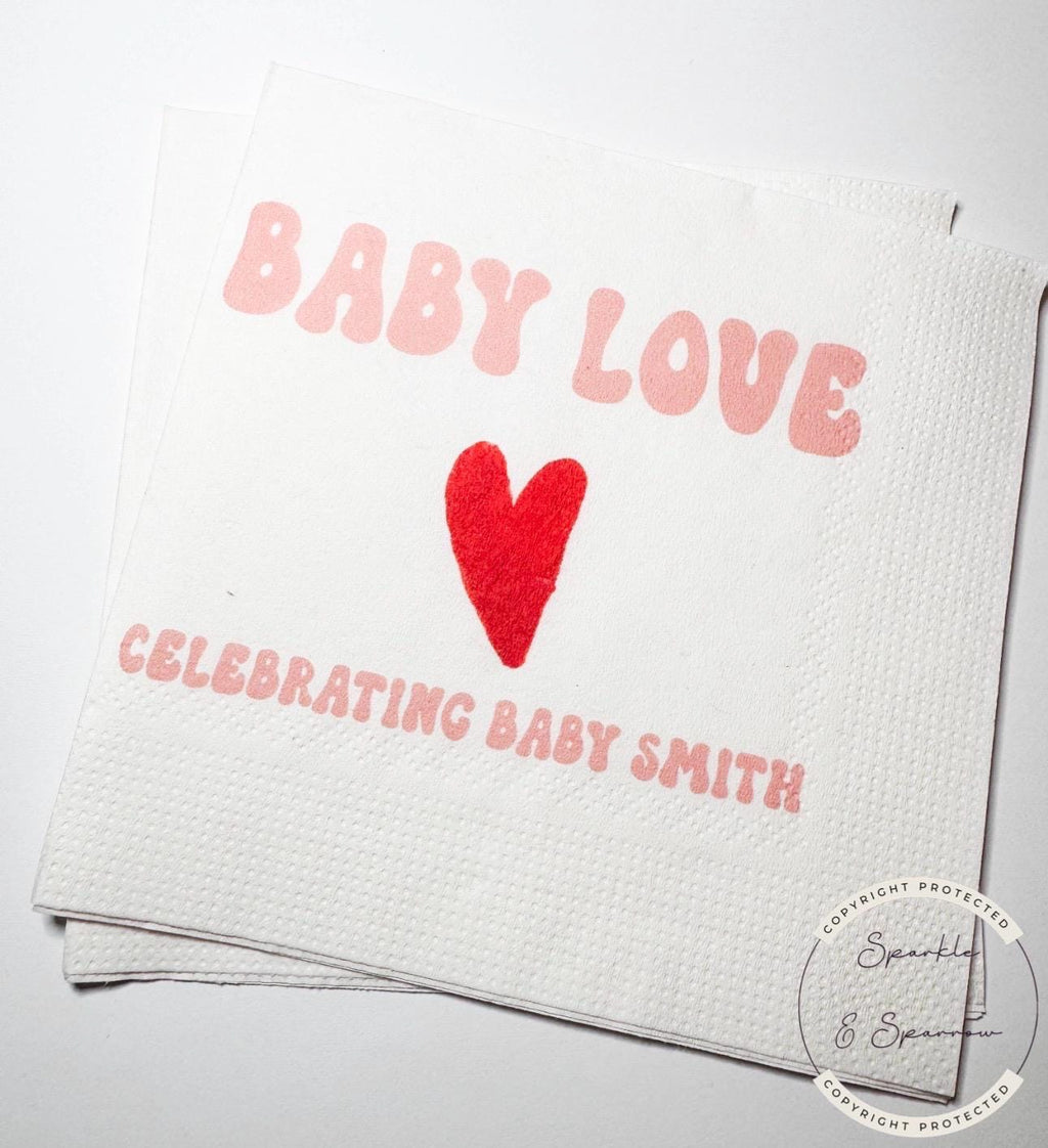 Baby Love A Little Sweetheart is on the Way Baby Shower Heart Valentines Red Personalized Cocktail, Luncheon or Dinner Napkins Set of 25