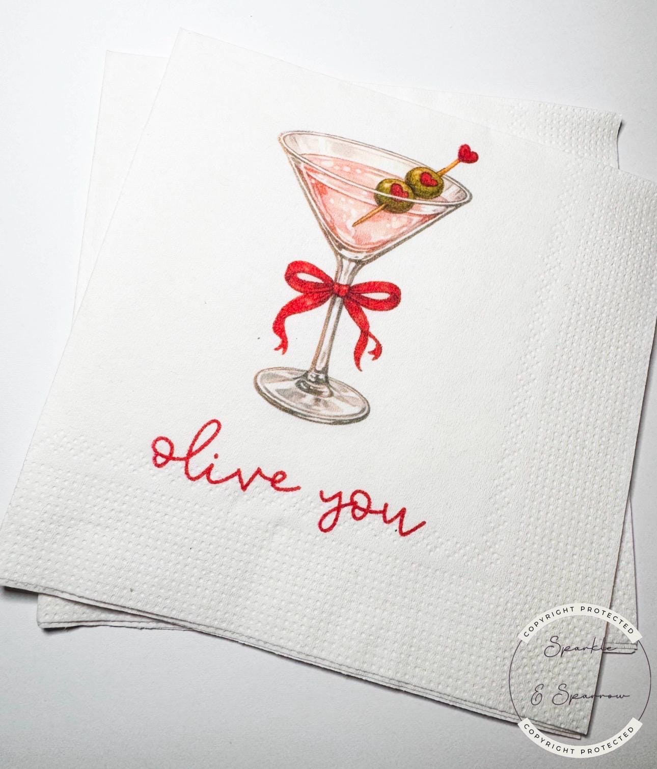 Olive You Valentine Red Bow Martini Galentines Day Favorite Things Party Olive Martini party Cocktail, Luncheon or Dinner Napkins, Set of 25