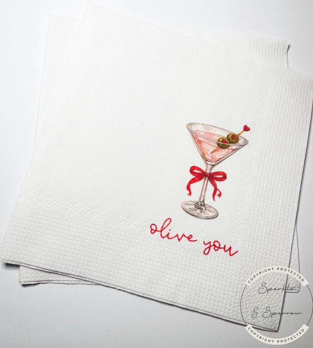 Olive You Valentine Red Bow Martini Galentines Day Favorite Things Party Olive Martini party Cocktail, Luncheon or Dinner Napkins, Set of 25