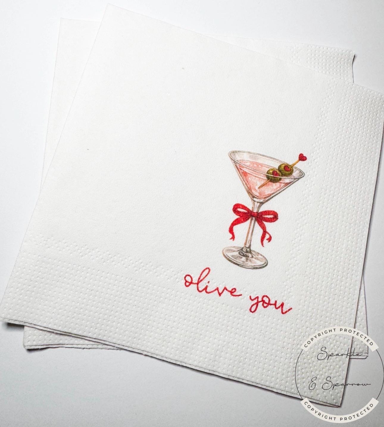 Olive You Valentine Red Bow Martini Galentines Day Favorite Things Party Olive Martini party Cocktail, Luncheon or Dinner Napkins, Set of 25