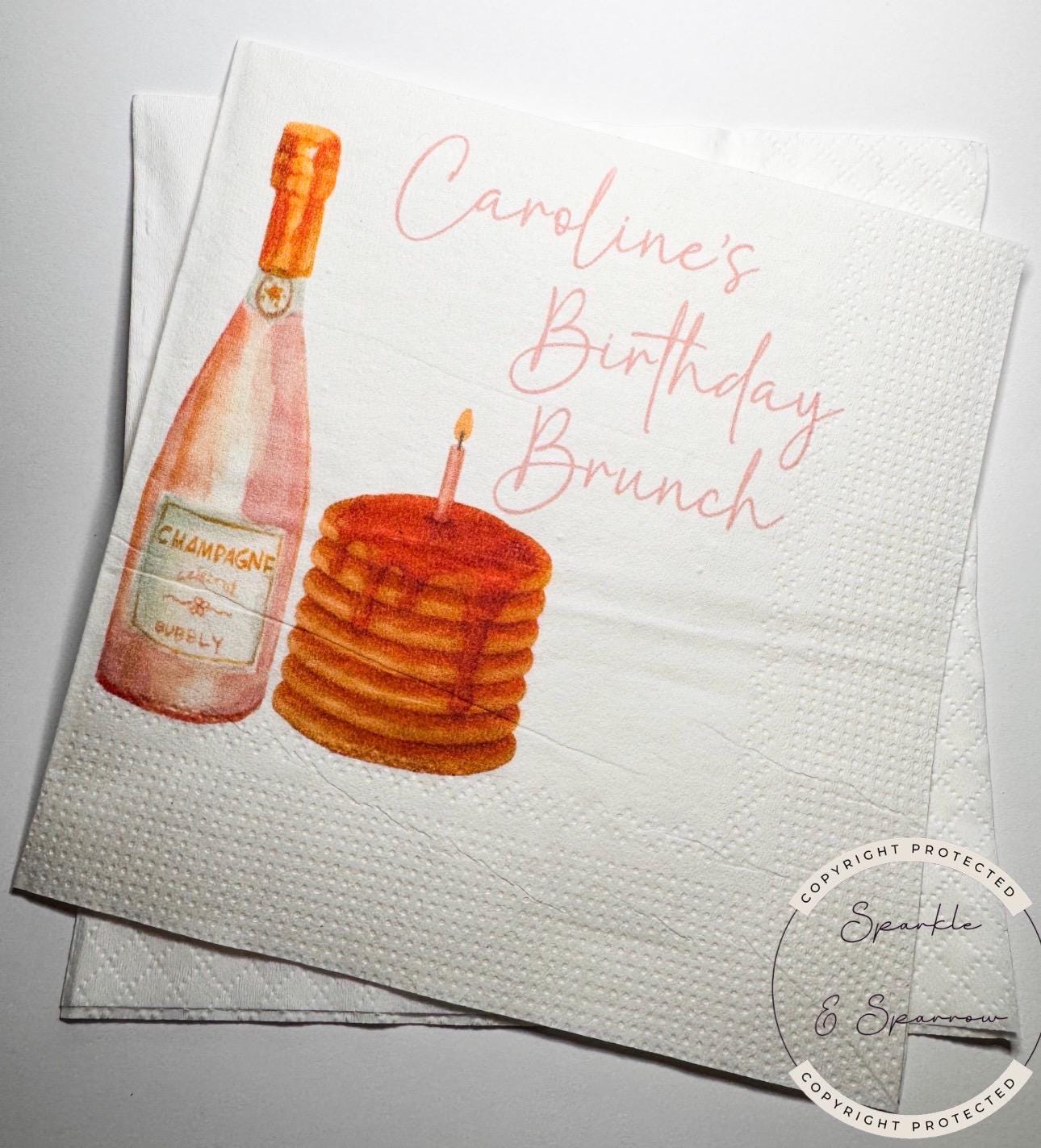 Birthday Brunch Champagne Pancake Brunch Slumber Party Breakfast Pancake Personalized Napkins Cocktail or Luncheon Napkins, Set of 25