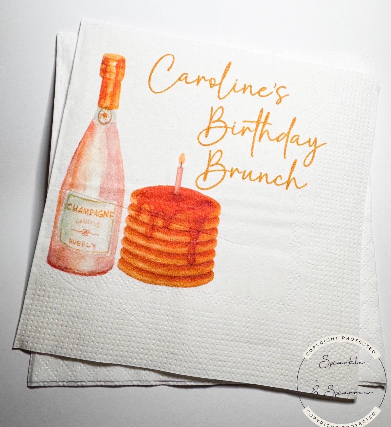 Birthday Brunch Champagne Pancake Brunch Slumber Party Breakfast Pancake Personalized Napkins Cocktail or Luncheon Napkins, Set of 25