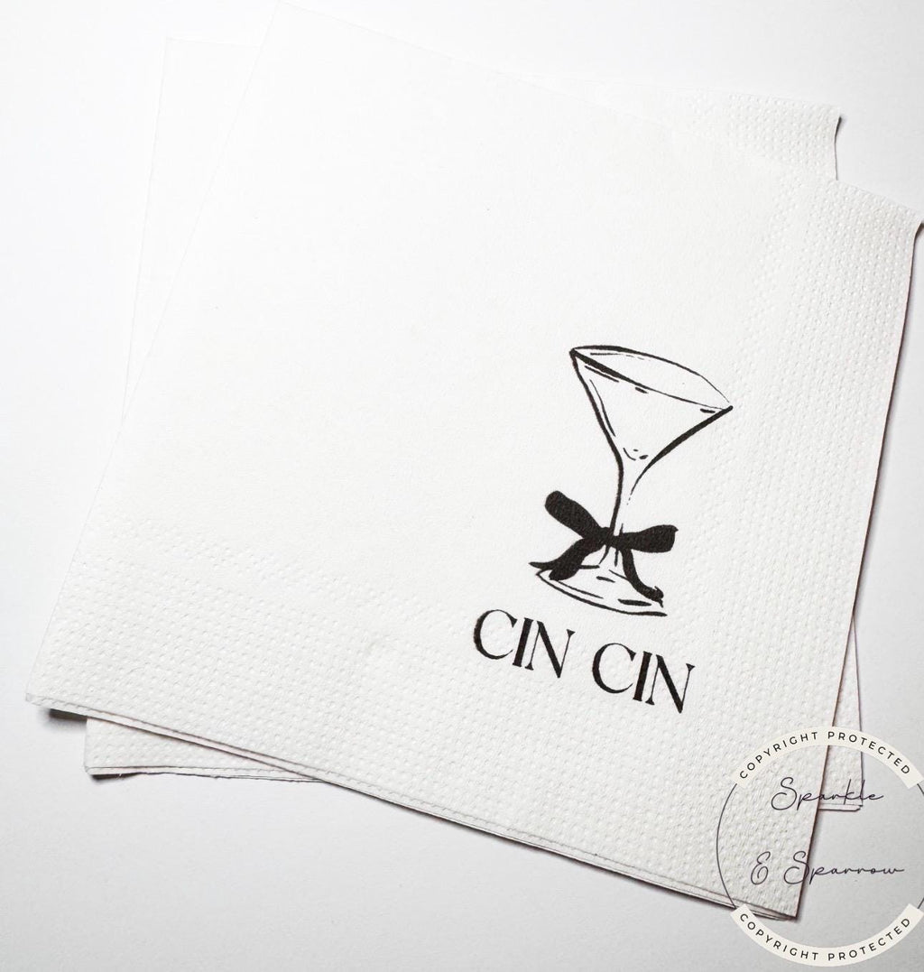 Cin Cin Black Bow Martini Engagement Wedding Birthday Engagement Party Cocktail Party Cocktail, Luncheon or Dinner Napkins Set of 25