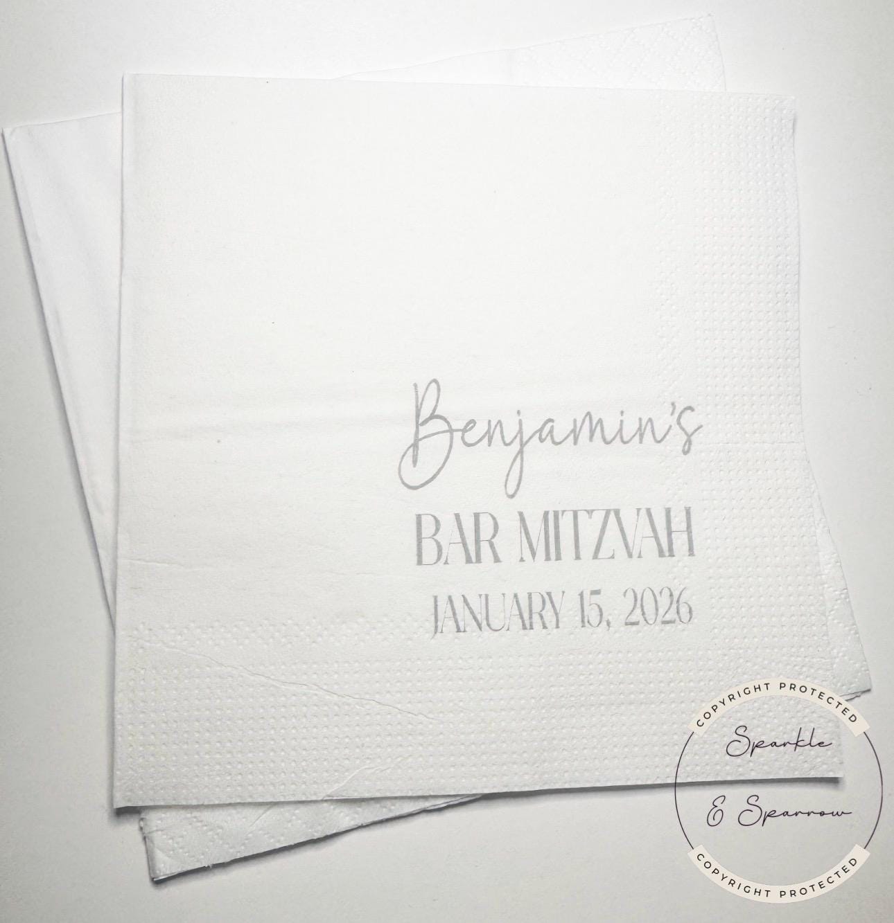 Bar Mitzvah Napkins Personalized Bar Mitzvah Silver Bar Mitzvah Party Decor Personalized Cocktail, Luncheon or Dinner Napkins Set of 25