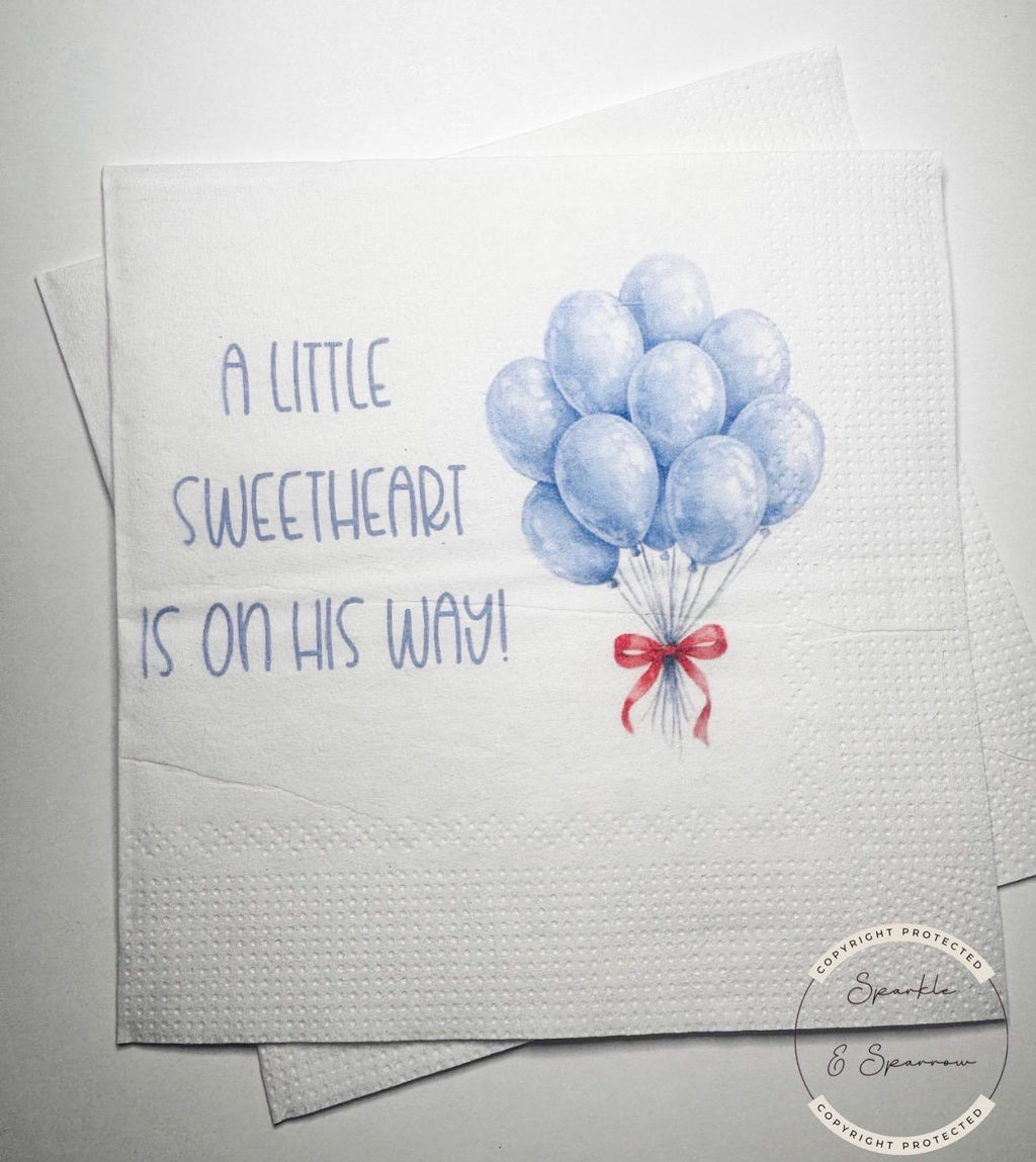 A Little Sweetheart is on His Way Baby Shower Heart Valentines Boy Blue Red Bow Baby Shower Cocktail, Luncheon or Dinner Napkins Set of 25