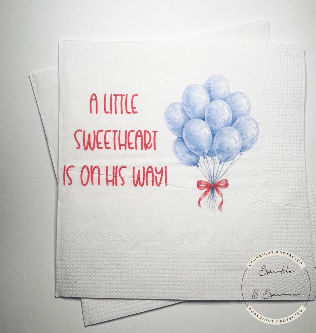A Little Sweetheart is on His Way Baby Shower Heart Valentines Boy Blue Red Bow Baby Shower Cocktail, Luncheon or Dinner Napkins Set of 25