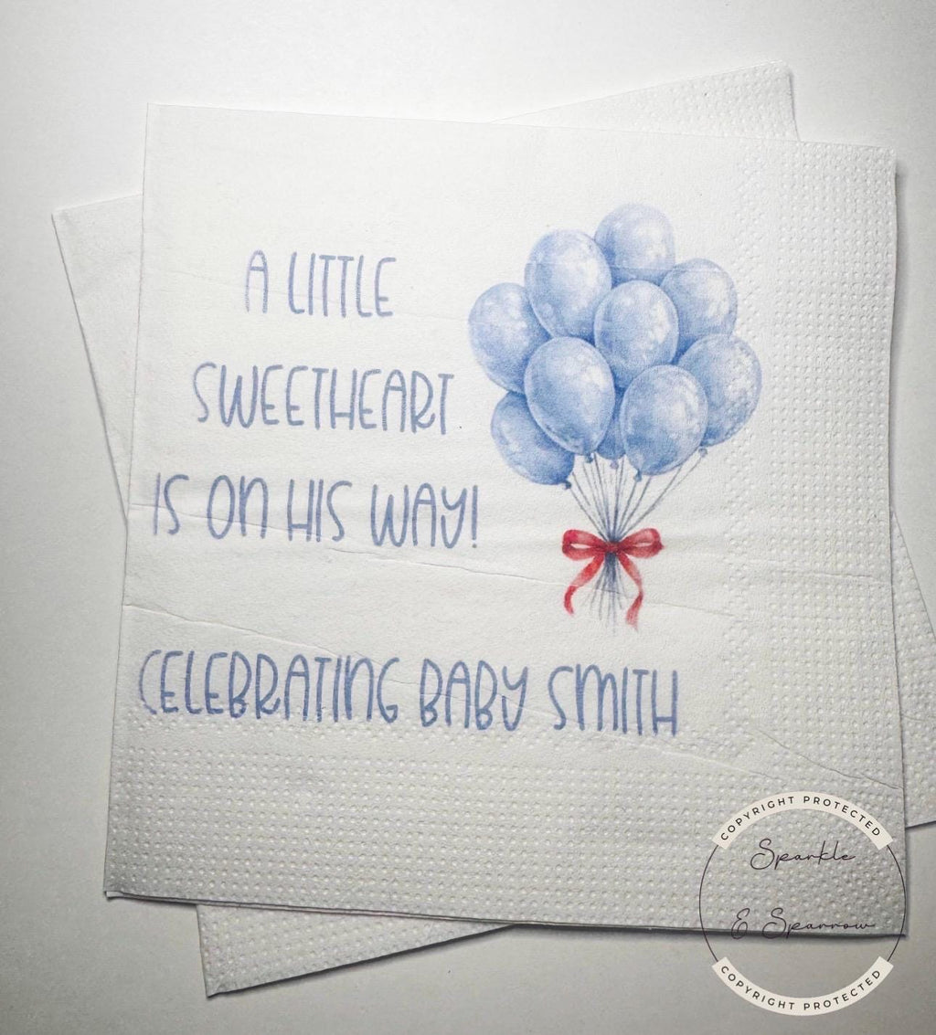 A Little Sweetheart is on His Way Baby Shower Heart Valentines Boy Baby Shower Personalized  Cocktail, Luncheon or Dinner Napkins Set of 25