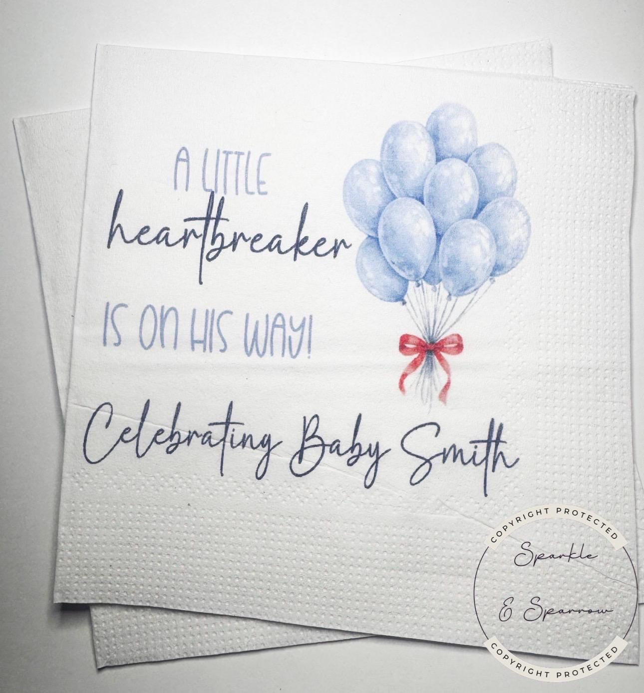 A Little Heartbreaker is on His Way Baby Shower Valentine Baby Shower Heart Personalized Cocktail, Luncheon or Dinner Napkins Set of 25A