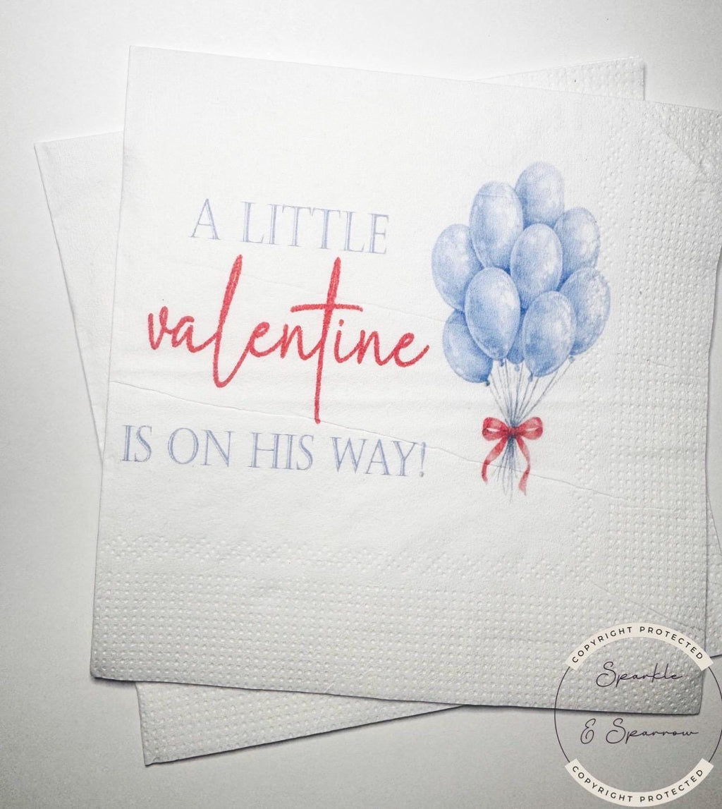 A Little Valentine is on His Way Baby Shower Valentine Baby Shower Boy Heart Baby Shower Cocktail, Luncheon or Dinner Napkins Set of 25