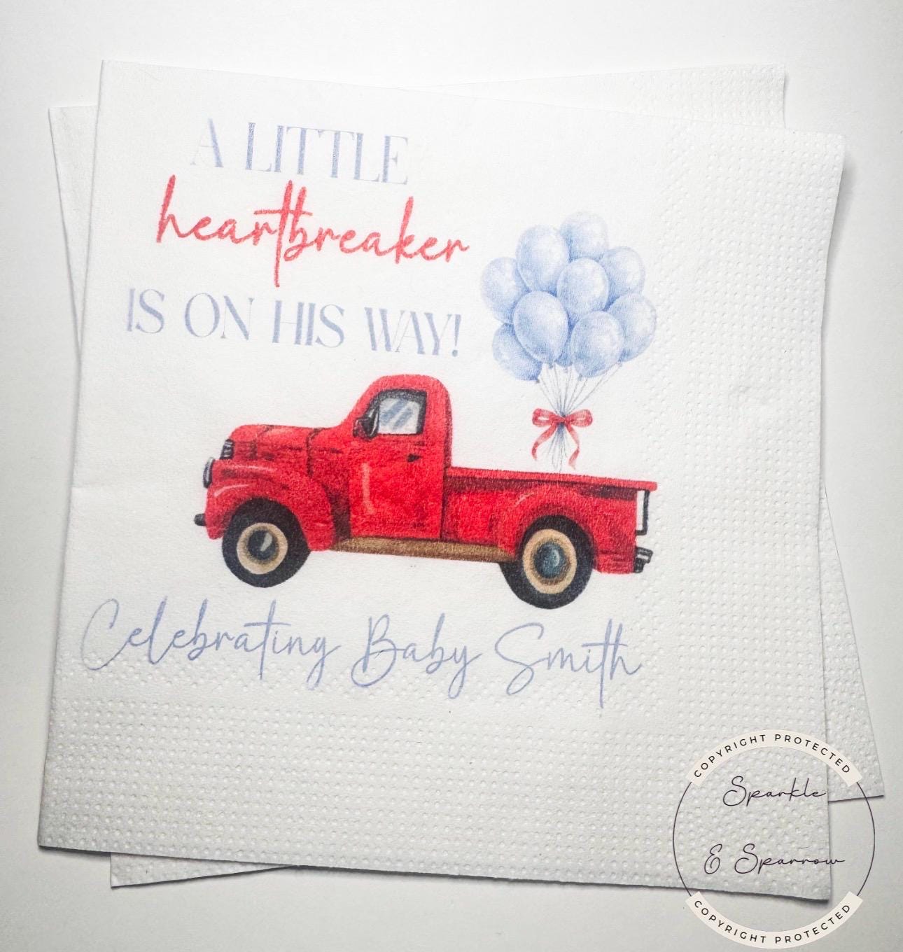 A Little Heartbreaker is on His Way Baby Shower Valentine Red Truck Baby Shower Personalized Cocktail, Luncheon or Dinner Napkins Set of 25