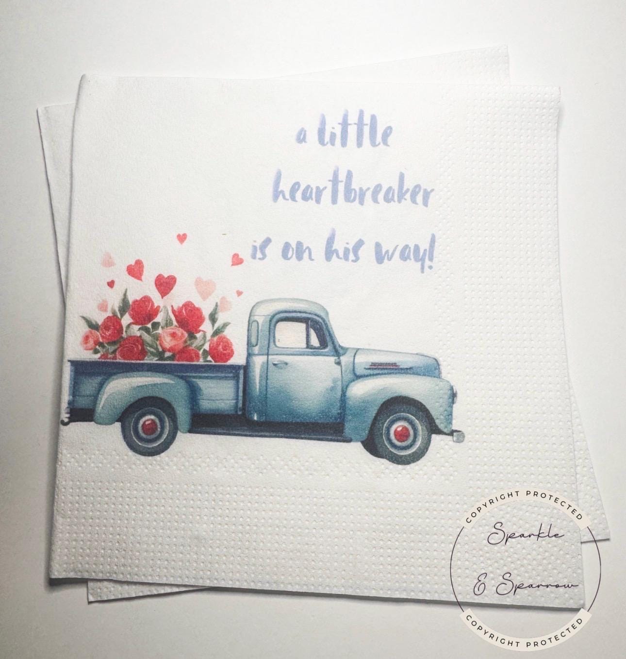 A Little Heartbreaker is on His Way Baby Shower Valentine Blue Truck Balloons Baby Shower Cocktail, Luncheon or Dinner Napkins Set of 25