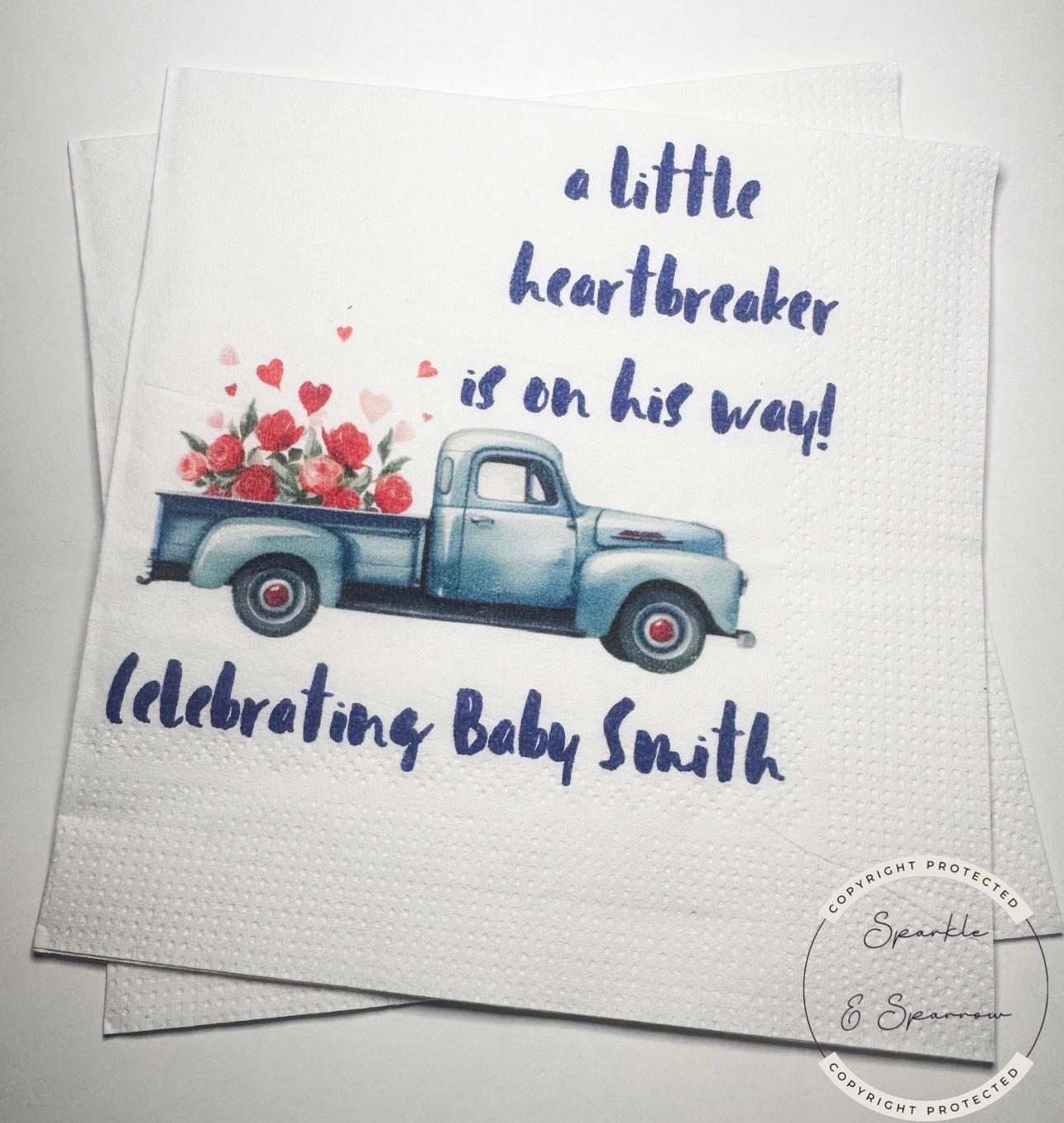 A Little Heartbreaker is on His Way Baby Shower Valentine Blue Truck Baby Shower Personalized Cocktail, Luncheon or Dinner Napkins Set of 25