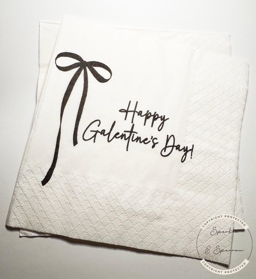 Galentine's Day Black Bow Favorite Things Party Galentines Day Brunch Valentines Black Cocktail, Luncheon or Dinner Napkins, Set of 25
