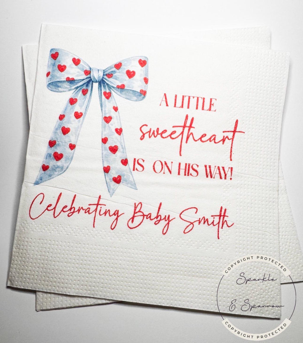 A Little Sweetheart is on His Way Baby Shower Heart Valentines Boy Baby Shower Personalized  Cocktail, Luncheon or Dinner Napkins Set of 25