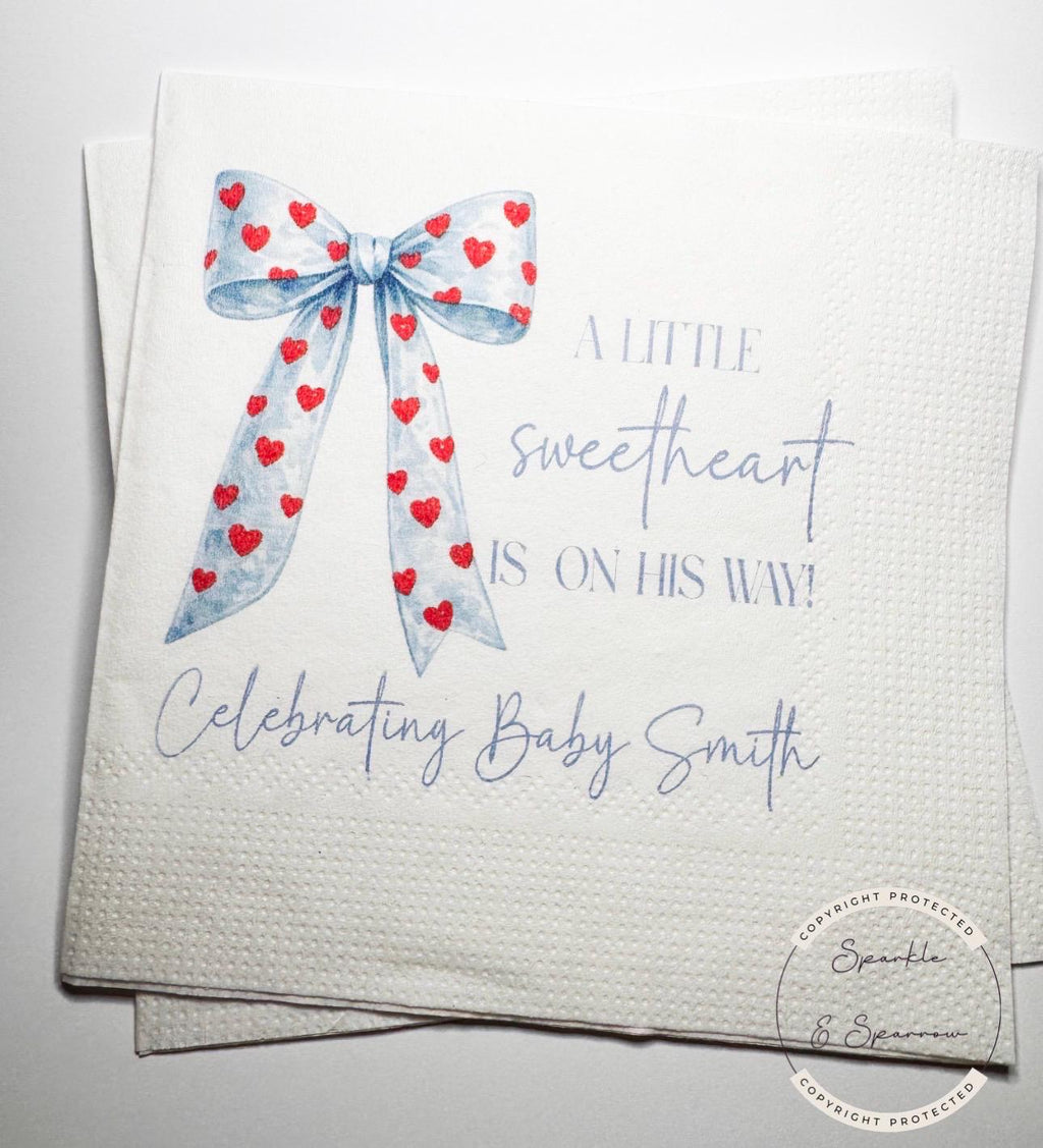 A Little Sweetheart is on His Way Baby Shower Heart Valentines Boy Baby Shower Personalized  Cocktail, Luncheon or Dinner Napkins Set of 25