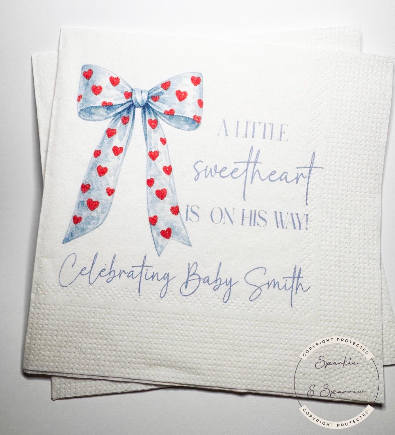 A Little Sweetheart is on His Way Baby Shower Heart Valentines Boy Baby Shower Personalized  Cocktail, Luncheon or Dinner Napkins Set of 25