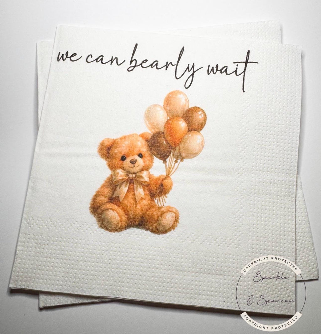 Teddy Bear Baby Shower We can Bearly Wait Shower Neutral Brown Gold Bear Balloons Baby Shower Cocktail, Luncheon or Dinner Napkins Set of 25
