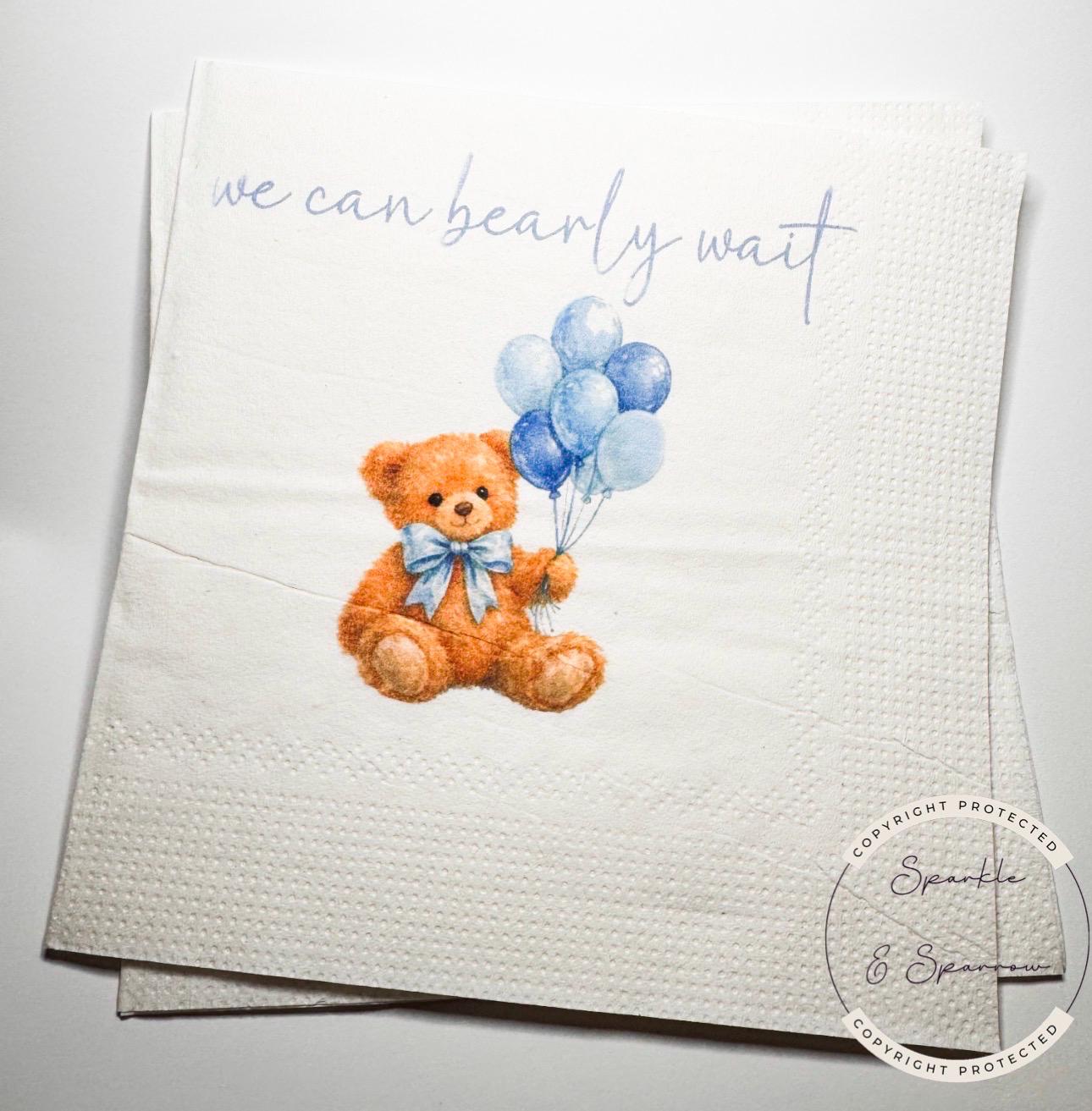 Teddy Bear Baby Shower We can Bearly Wait Shower Boy Blue Bow Bear Balloons Baby Shower Cocktail, Luncheon or Dinner Napkins Set of 25