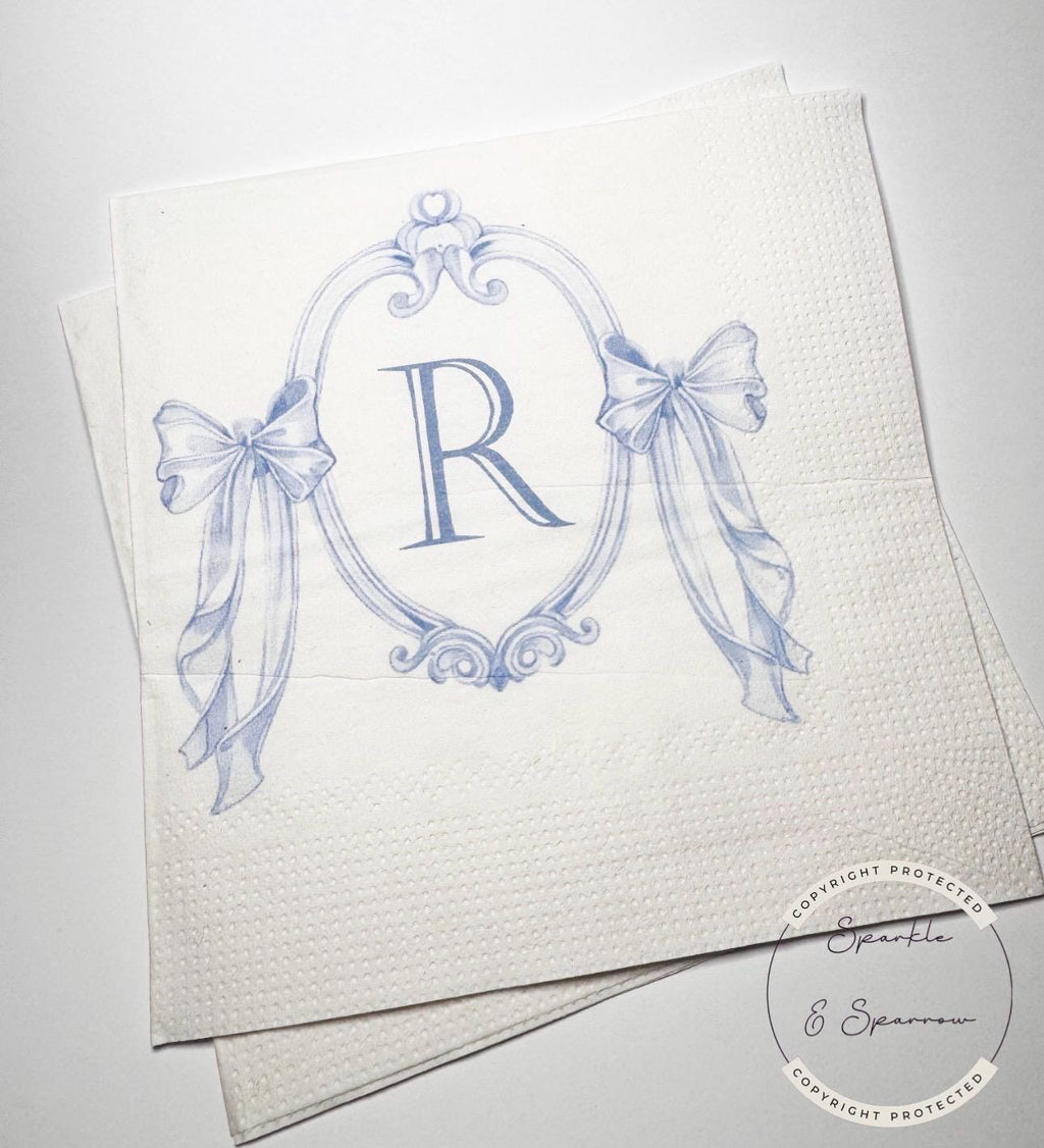 Blue Bow Monogrammed Napkins Blue Bow Baby Shower Blue Bow Birthday Party Bridal Personalized Cocktail, Luncheon or Dinner Napkins Set of 25