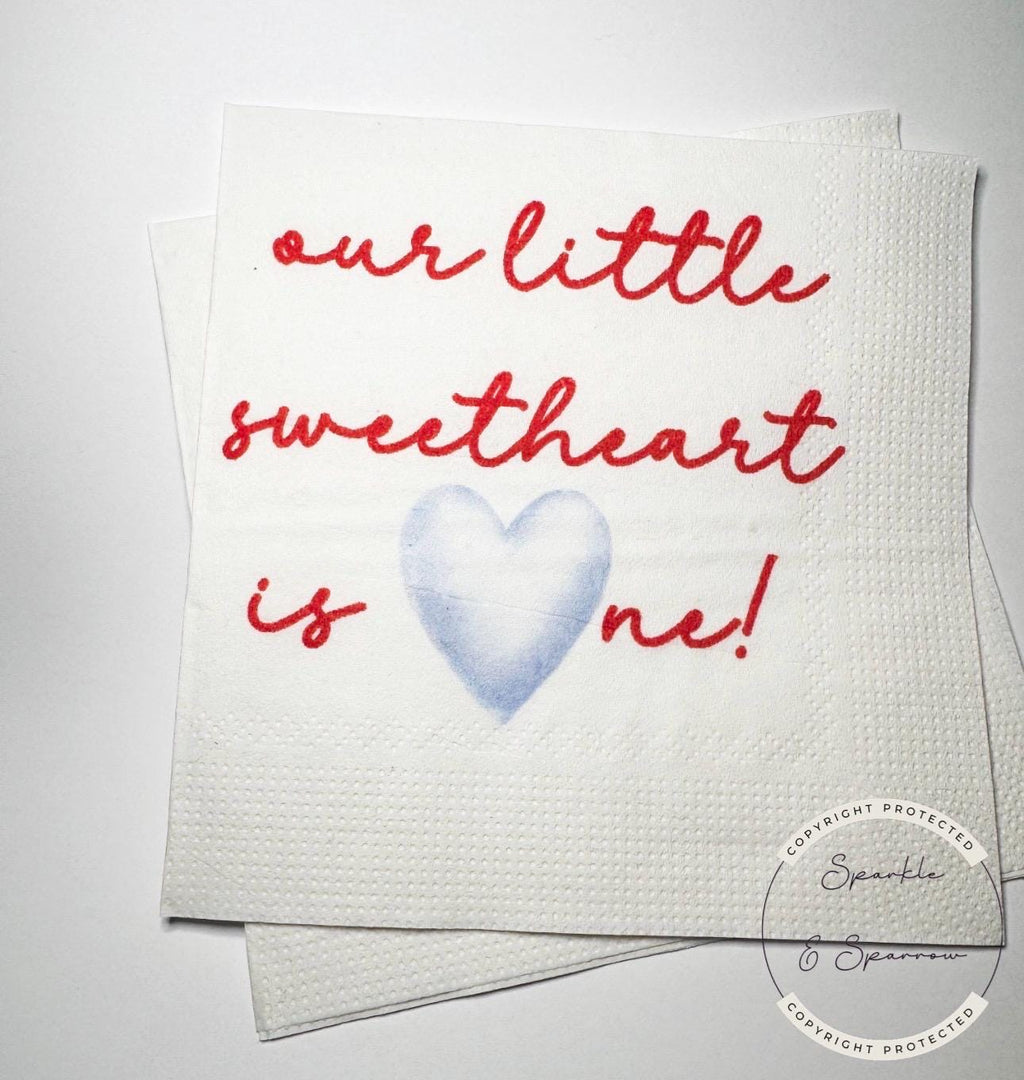 Our Little Sweetheart is One First Birthday Valentines 1st Birthday Boy Blue Red Heart Party Cocktail, Luncheon or Dinner Napkins, Set of 25