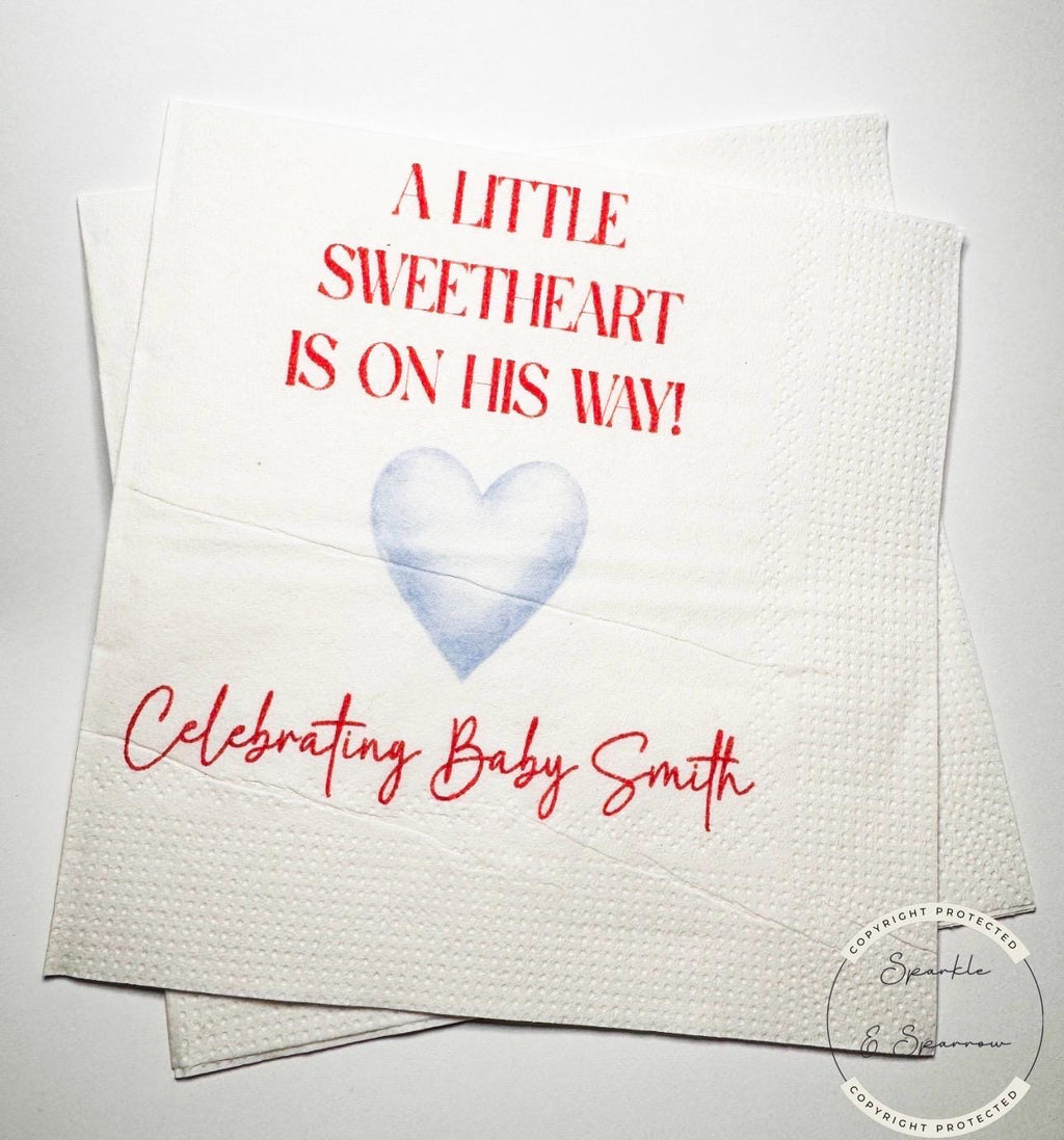 A Little Sweetheart is on His Way Baby Shower Heart Valentines Boy Baby Shower Personalized  Cocktail, Luncheon or Dinner Napkins Set of 25