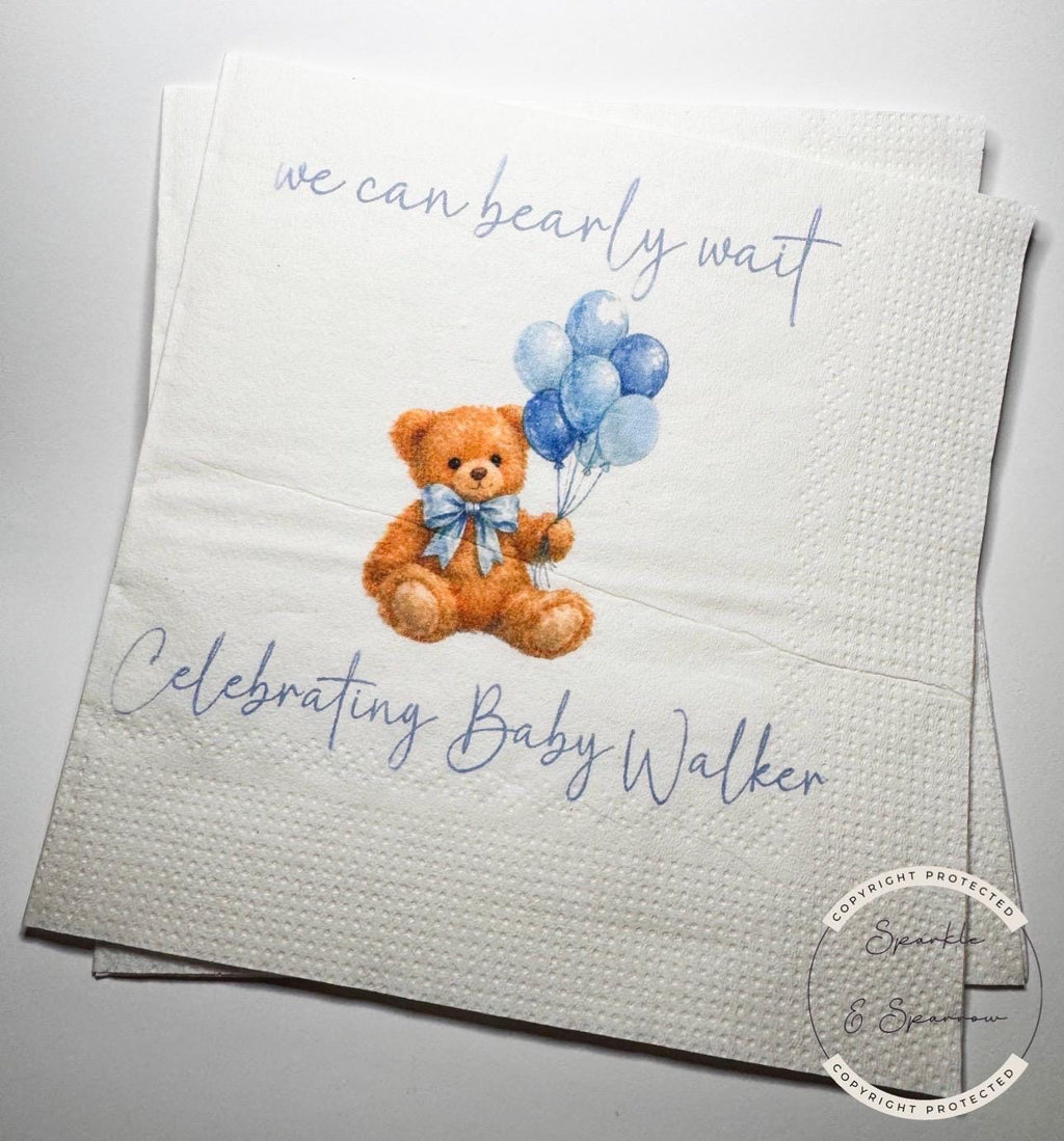 Teddy Bear Baby Shower We can Bearly Wait Brown Bow Shower Balloons Baby Shower Personalized Cocktail, Luncheon or Dinner Napkins Set of 25