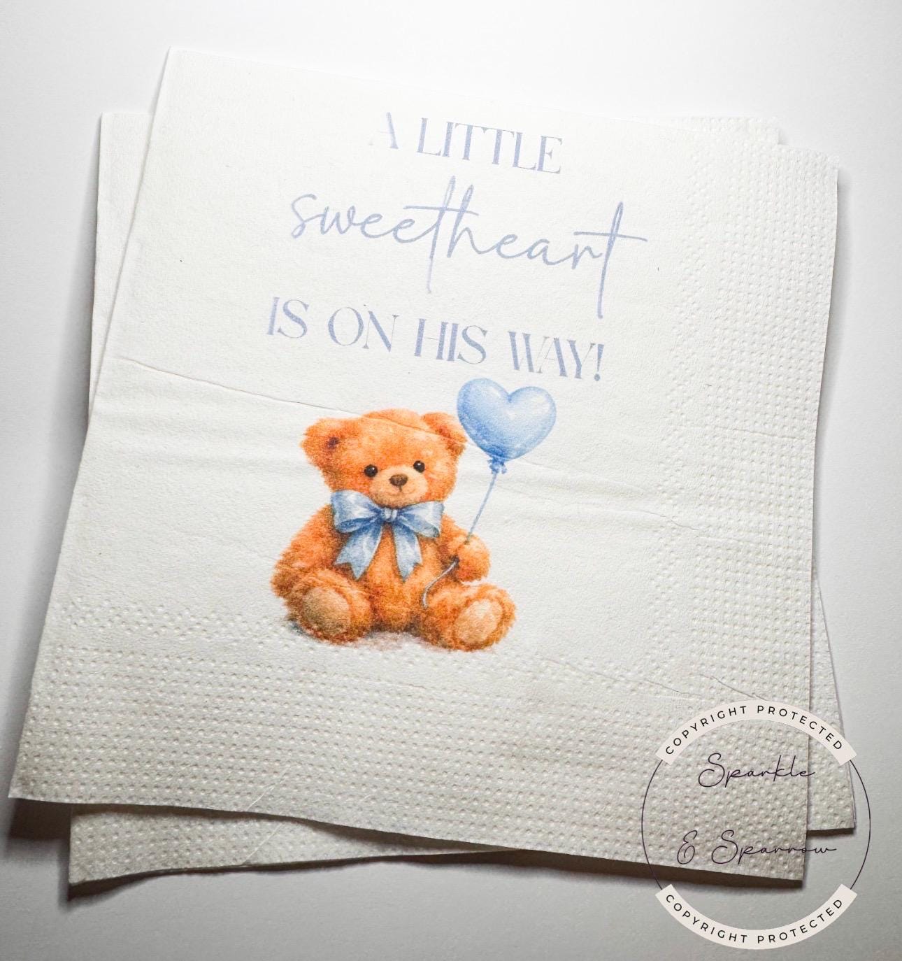 A Little Sweetheart is on His Way Baby Shower Bear Valentines Boy Blue Bear Baby Shower Cocktail, Luncheon or Dinner Napkins Set of 25