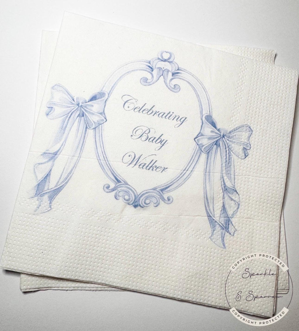 Blue Bow Baby Shower Napkins Classic Preppy Blue Baby Shower Spring Baby It’s a Boy Blue Boy Baby Shower Table Decor Personalized Napkins