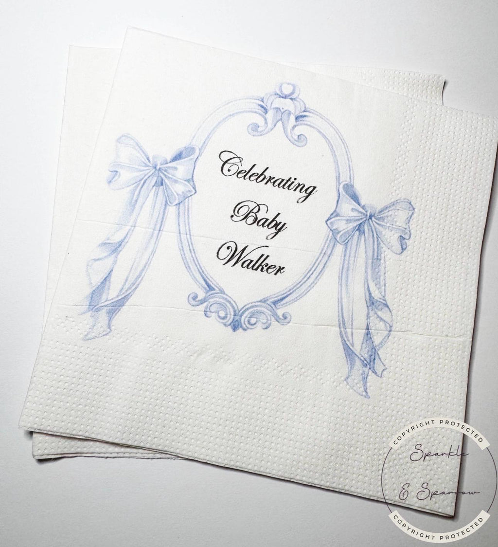 Blue Bow Baby Shower Napkins Classic Preppy Blue Baby Shower Spring Baby It’s a Boy Blue Boy Baby Shower Table Decor Personalized Napkins