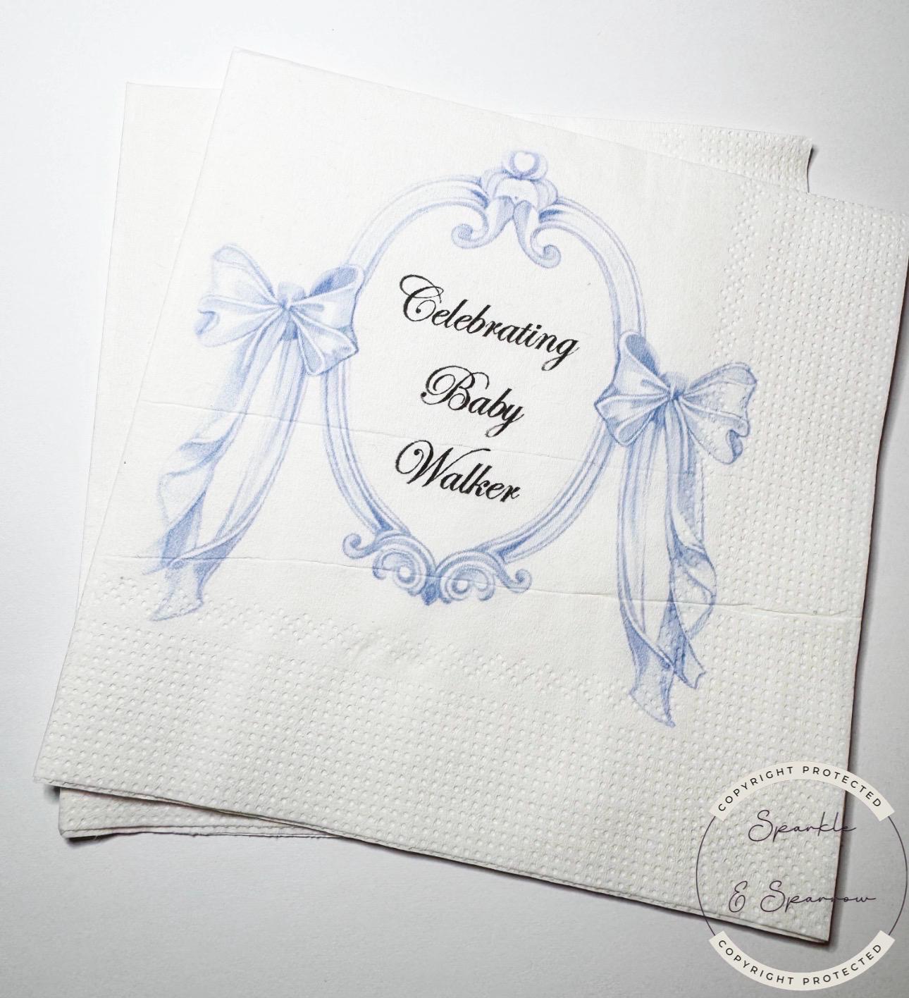 Blue Bow Baby Shower Napkins Classic Preppy Blue Baby Shower Spring Baby It’s a Boy Blue Boy Baby Shower Table Decor Personalized Napkins
